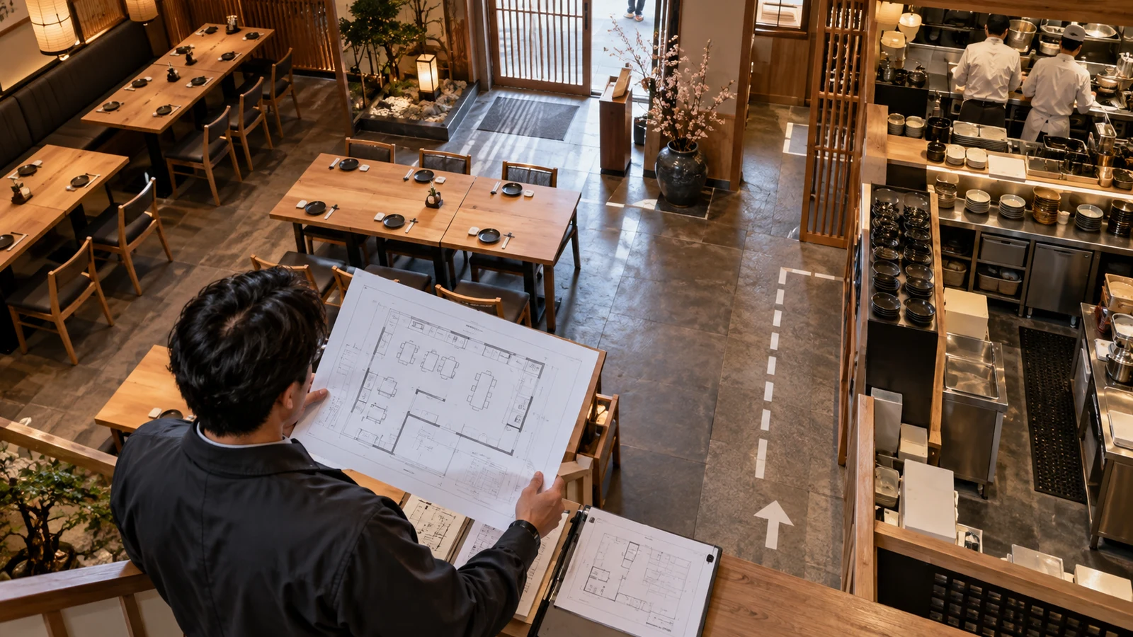 施設責任者が飲食店の客席、待合、厨房従業員、避難口を平面図と照合して収容人員を算定している。