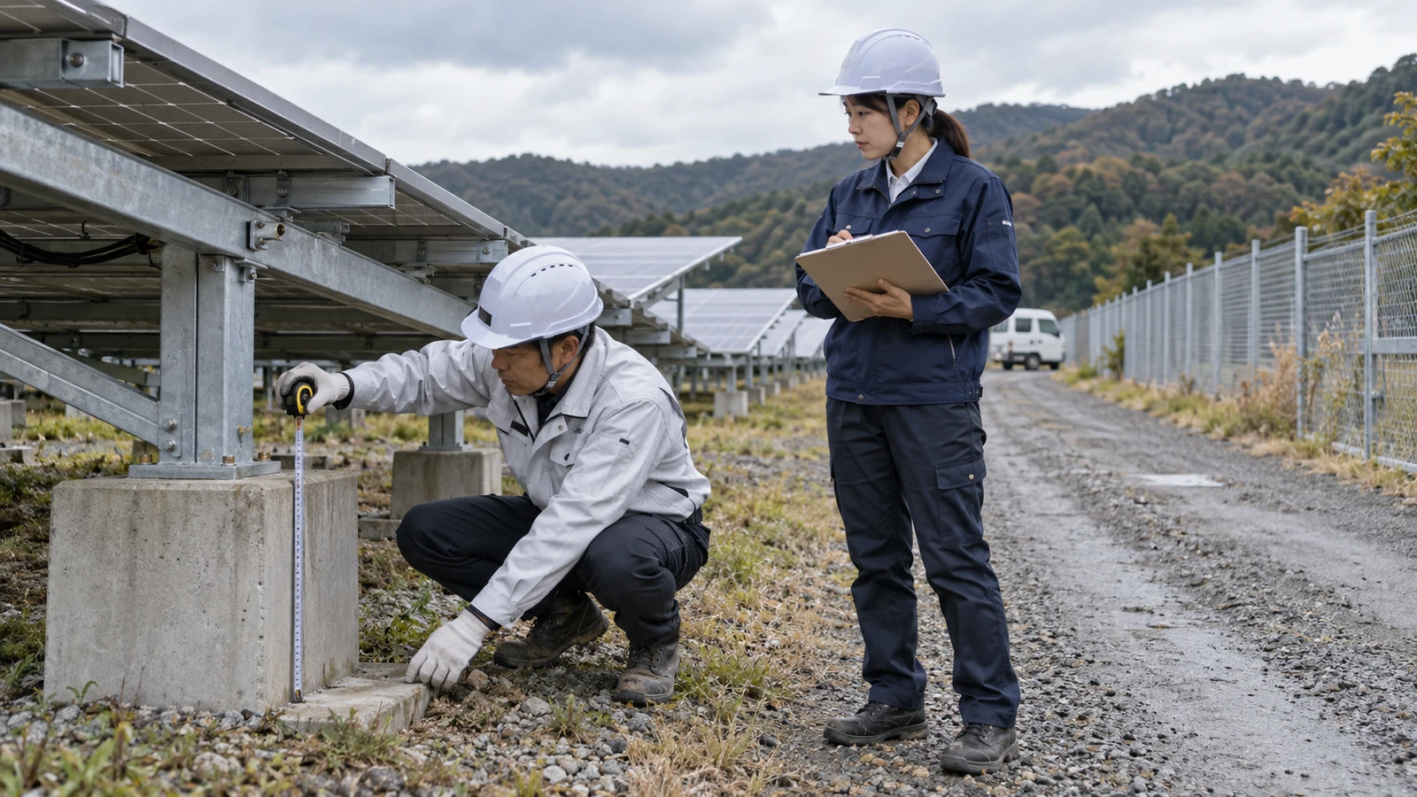 太陽光発電所の担当者がパネル、架台、基礎、運搬、土地復旧に分けた撤去見積りを現地で照合している。