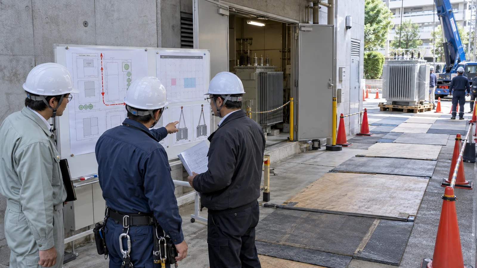 施設管理者と電気工事担当者が、変圧器交換、停電、搬出経路、保管、処分予約を工程表で調整している。