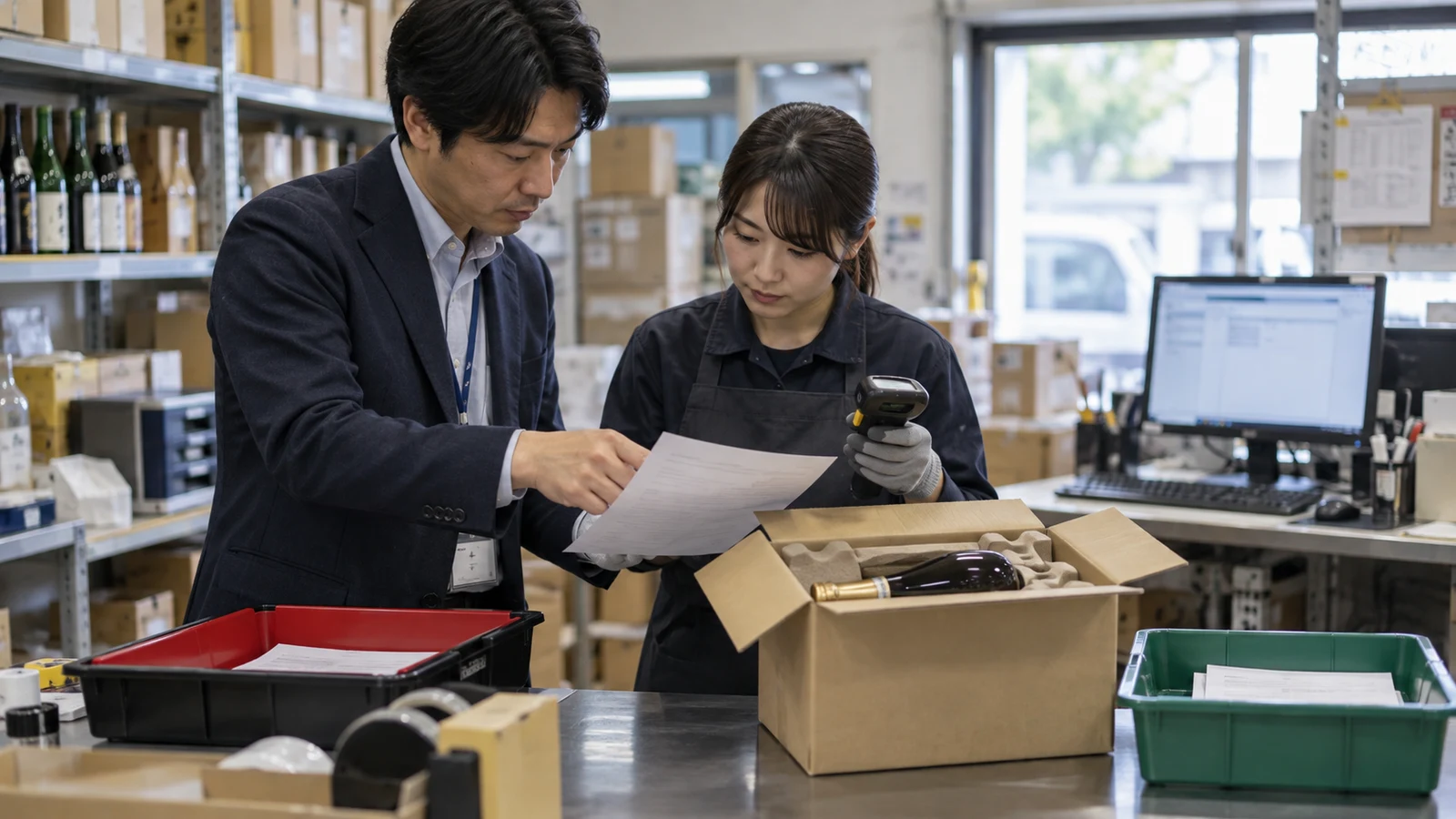 酒類ECの出荷担当者が注文者の年齢確認、販売可能商品、納品書表示、配送条件を一件ずつ確認している。