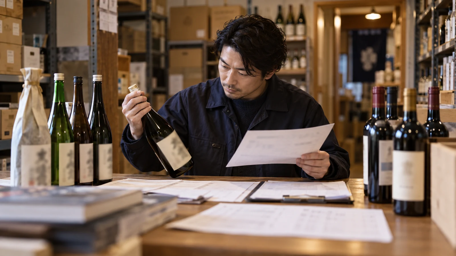 酒販担当者が国産酒の製造者証明、輸入酒の仕入書類、商品マスターを一本ずつ照合している。