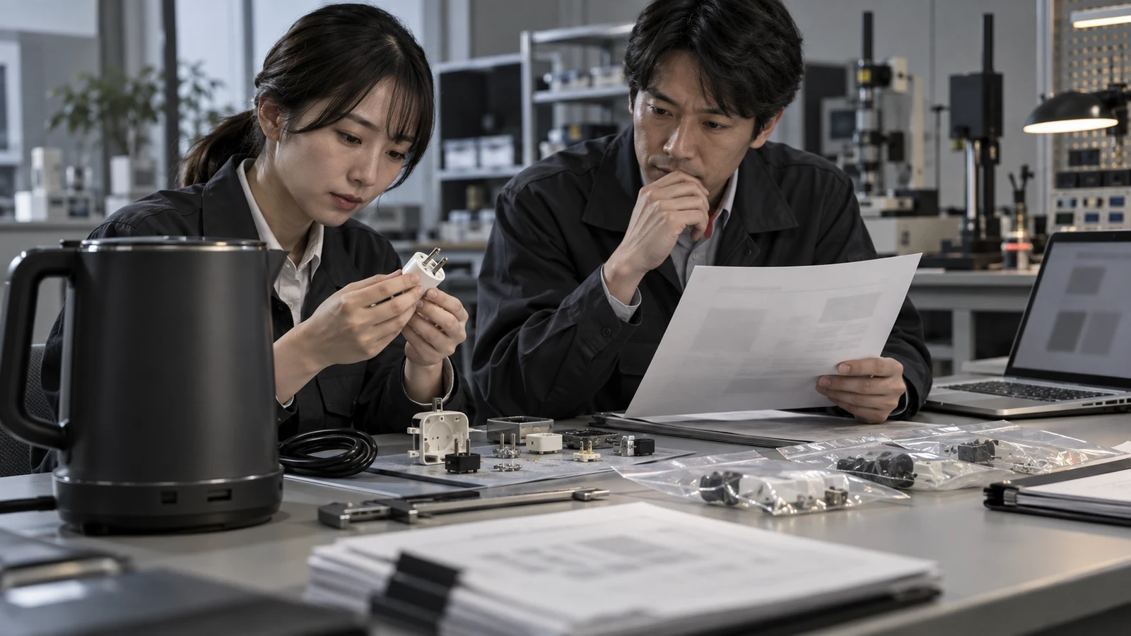 製品安全担当者が電源アダプターの銘板、回路資料、試験報告書、型式一覧をSKU単位で照合している。