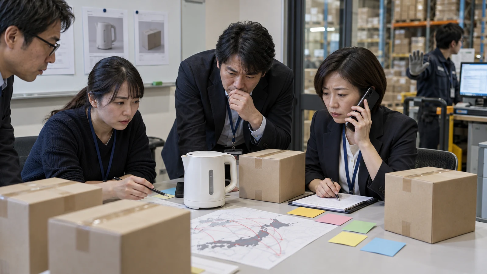 国内管理人と海外メーカーが、事故連絡を想定して販売停止、購入者抽出、行政報告、回収の役割を机上訓練している。