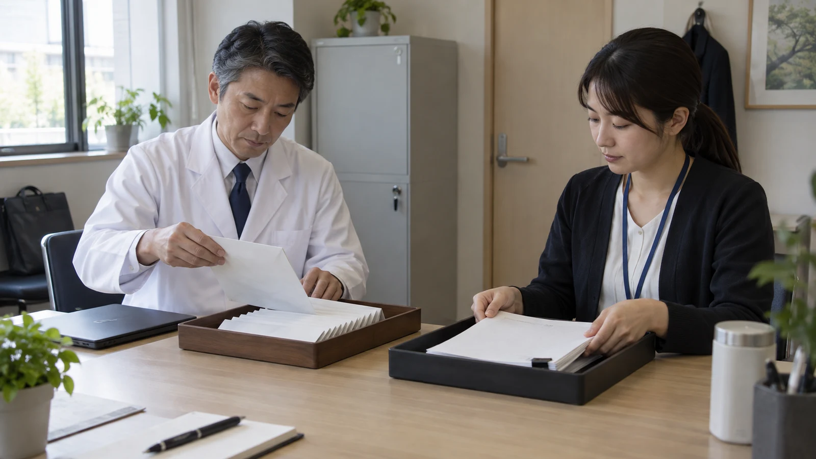 実施者、本人、人事、面接指導医の間で、個人結果と集団分析の流れを分けて確認している。
