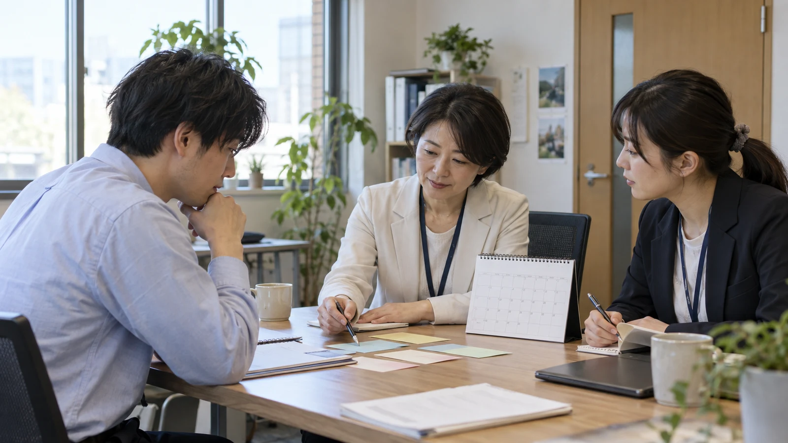 本人、人事、産業保健担当者が、病名を共有せず勤務時間と業務量の調整案を確認している。