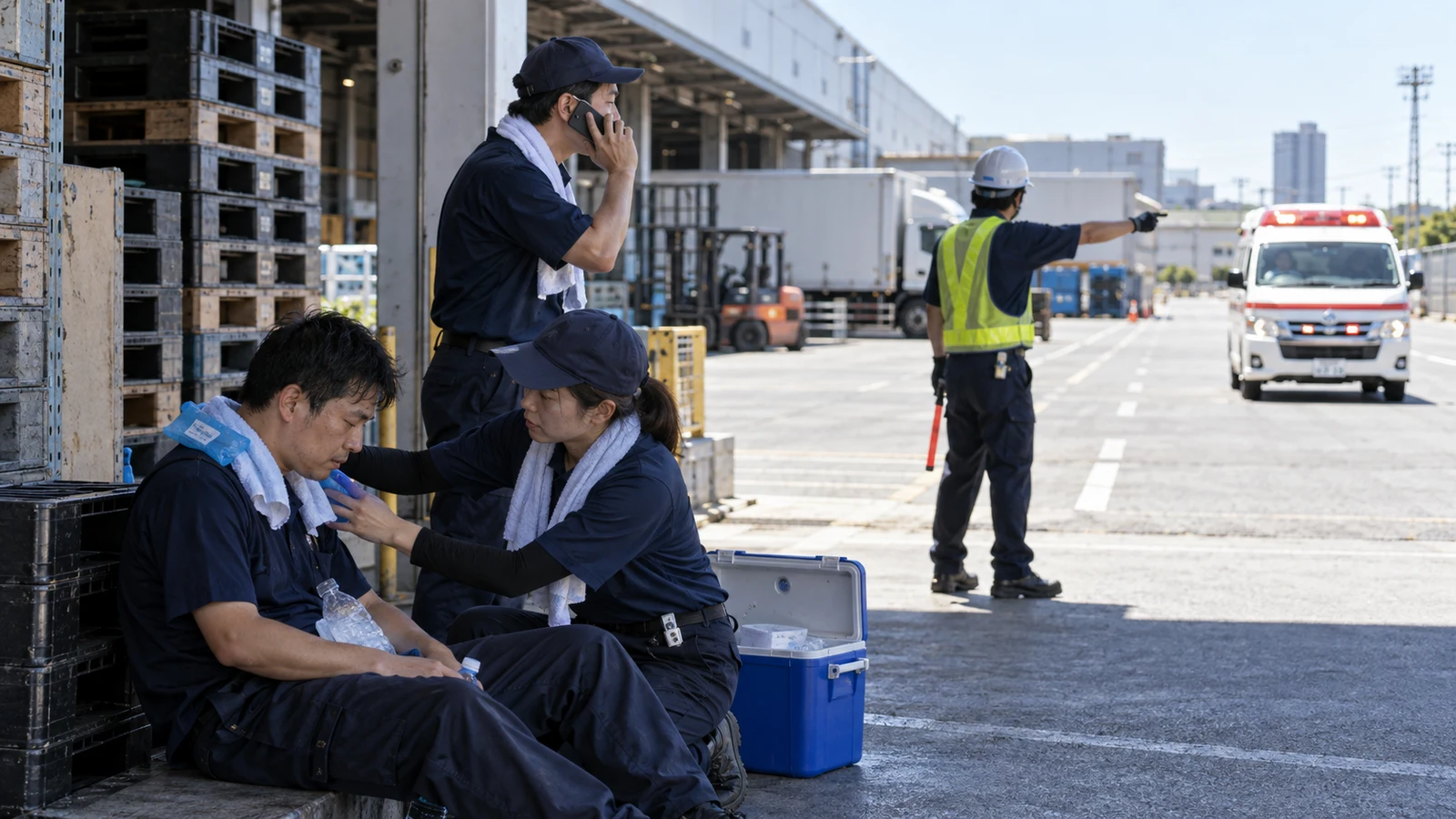 作業チームが熱中症を想定し、作業離脱、冷却、救急連絡、入口誘導を実地訓練している。