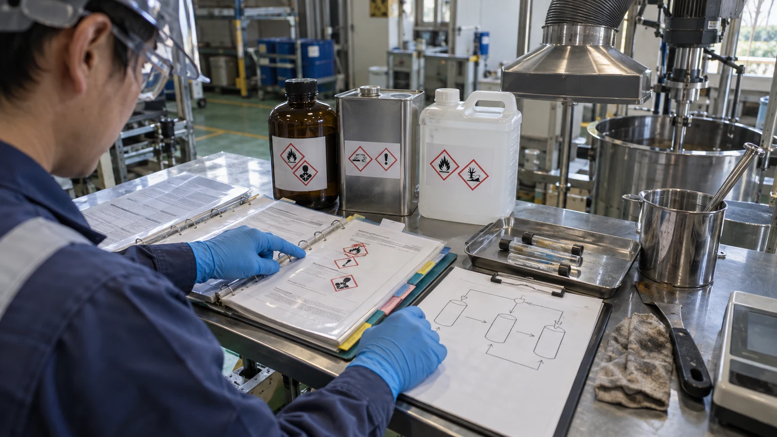 化学物質管理者が現場担当者と、SDS、使用量、局所排気、作業時間を記したリスク評価表を確認している。
