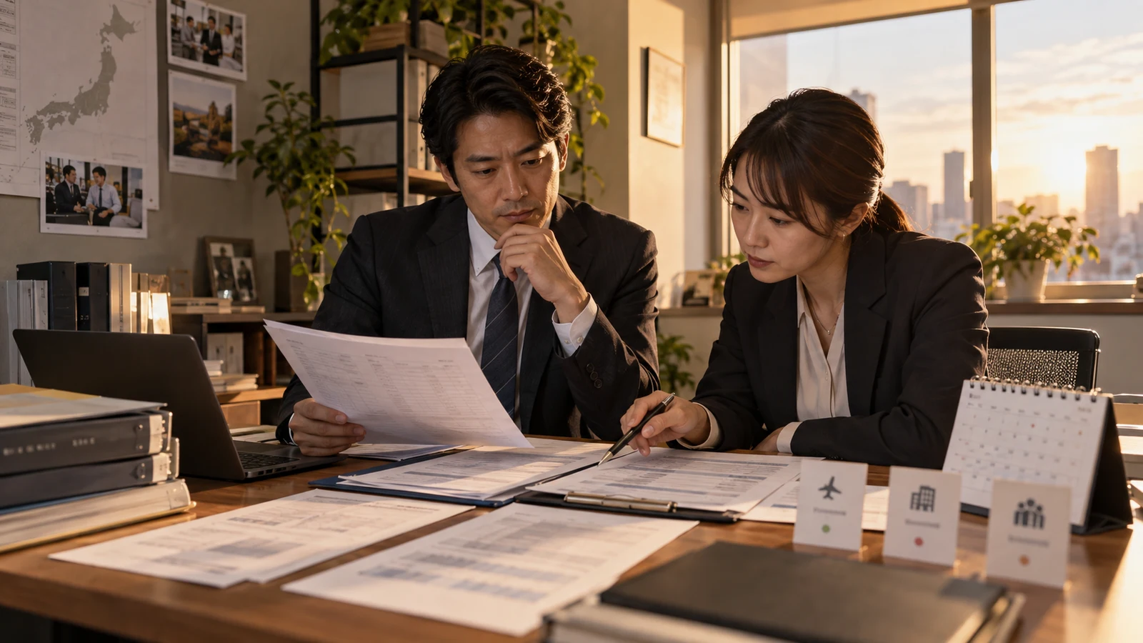 職業紹介責任者が、紹介手数料の算定表、返戻条件、早期退職の原因分類を確認している。