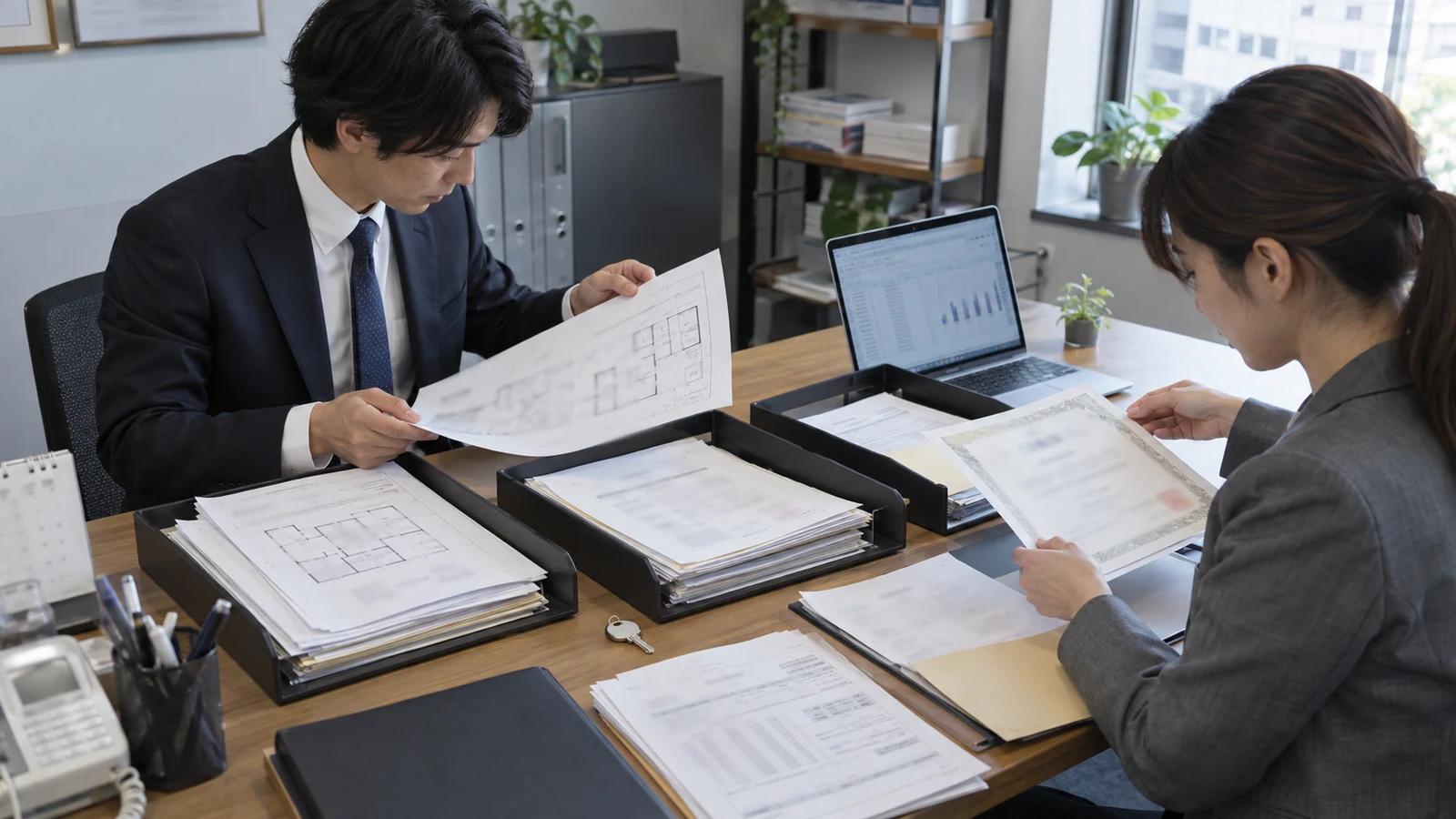 経営者と申請担当者が、貸借対照表、現預金、事業所数、責任者講習の申請表を確認している。