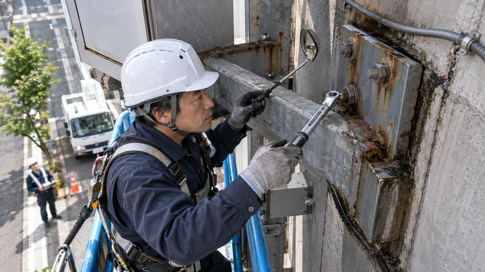 有資格の点検者が高所作業車から看板のボルト、溶接部、内部への浸水跡を確認している。