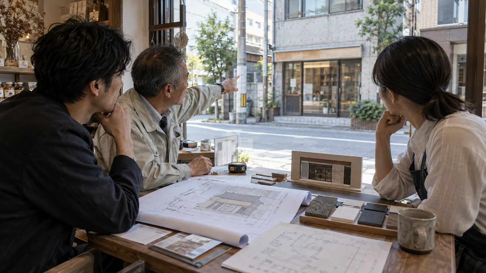 店舗担当者、設計者、看板業者が現地写真と道路境界図に看板寸法を重ねて確認している。