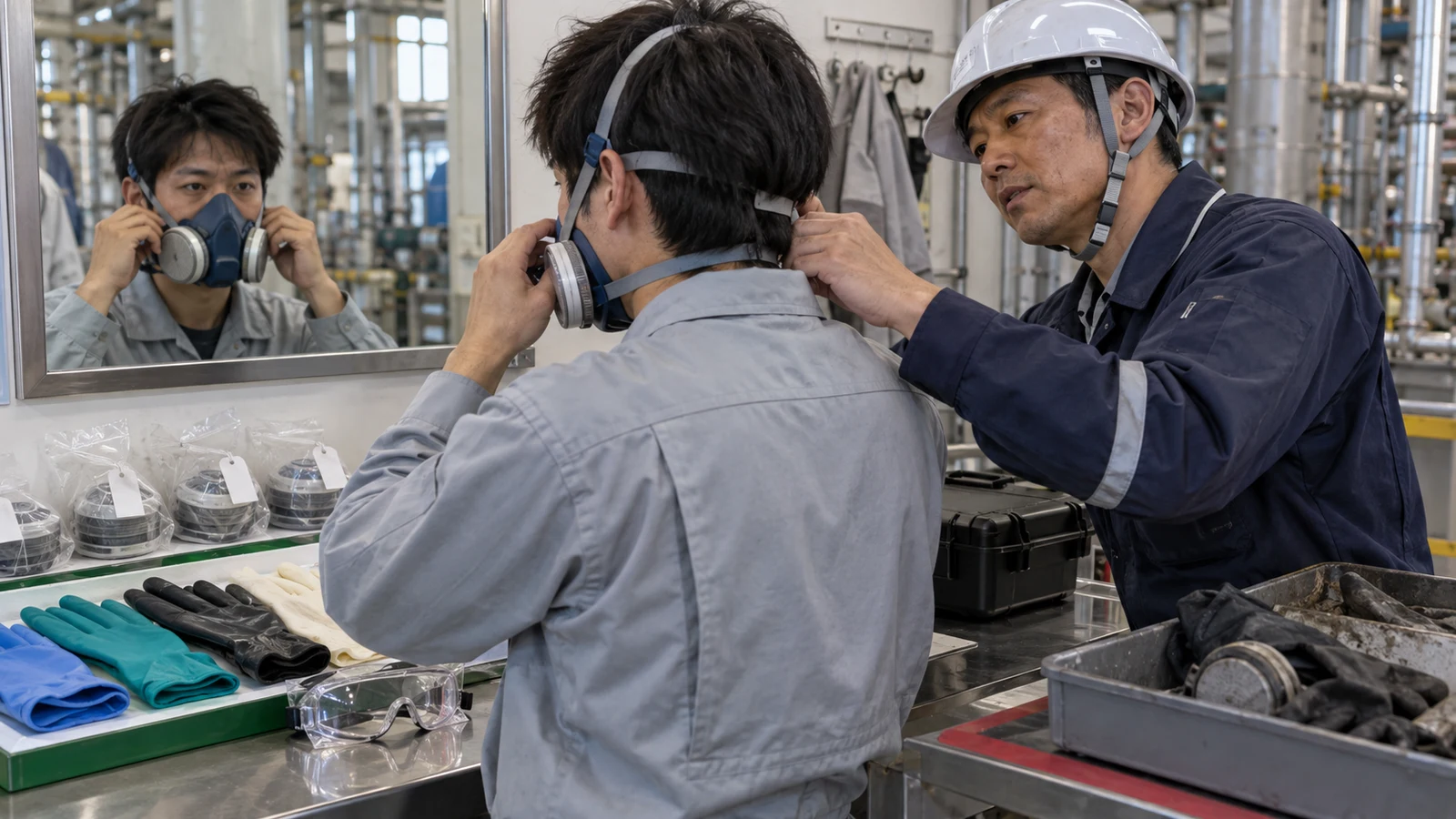 保護具着用管理責任者が、作業者の呼吸用保護具の密着確認と交換記録を実物で確認している。