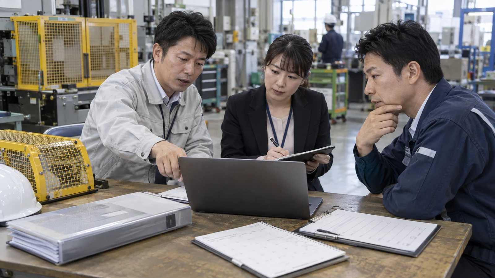 安全担当、人事、現場責任者が、電子申請の受付記録と設備是正、休業・復職の進捗を確認している。