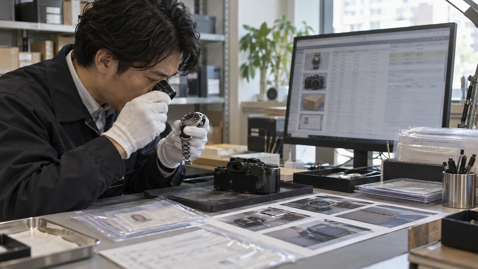 リユース事業者の監査担当が、中古腕時計の型番、傷、写真、本人確認方式、配送、支払の記録を一つの取引台帳で確認している。
