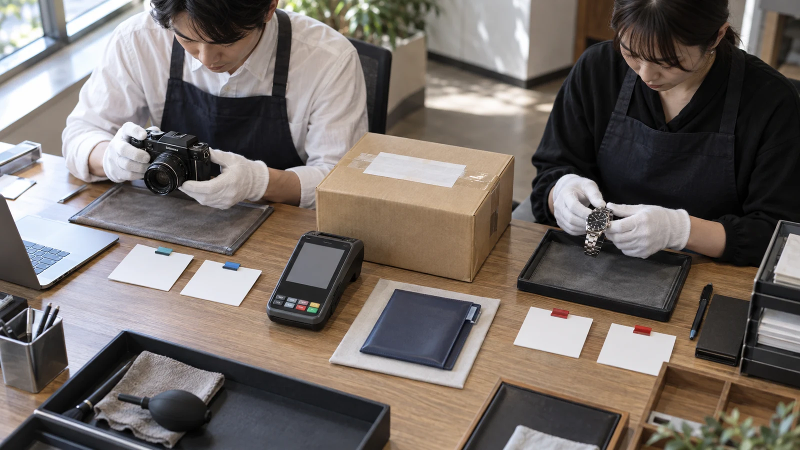 宅配買取担当者が、本人確認書類、転送不要郵便の到達、本人名義口座、取引番号を四つの状態欄で照合している。