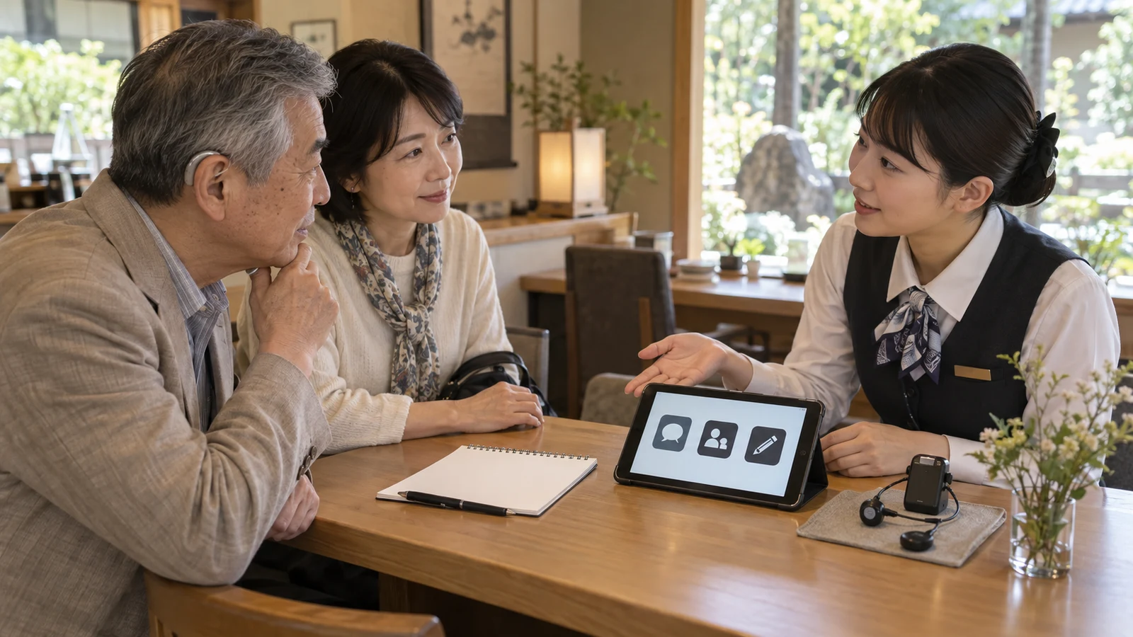 接客担当、利用者、支援者が、希望する結果、現在の障壁、複数の代替方法を紙とタブレットで比較している。