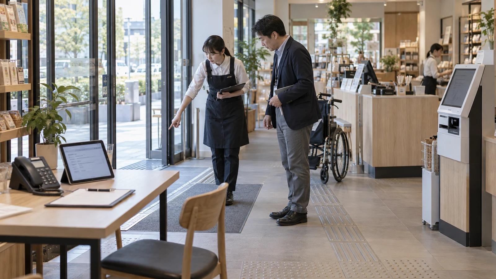 サービス事業者の担当者が、店舗、電話、ウェブで受けた合理的配慮案件の回答時間、実施結果、代替案を横断レビューしている。