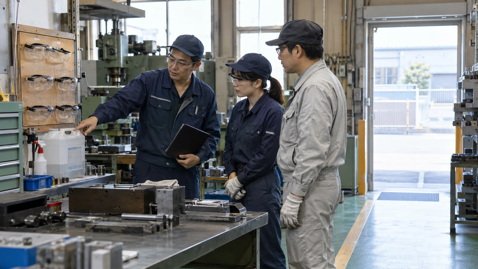 安全衛生推進者が、作業者と設備変更、通路、保護具、健康上の懸念を現場チェック表で確認している。