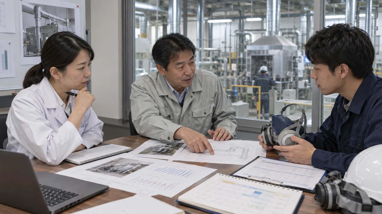 産業医と化学物質管理者が、匿名化した健康所見、局所排気、代替物、保護具、再測定の是正計画を確認している。