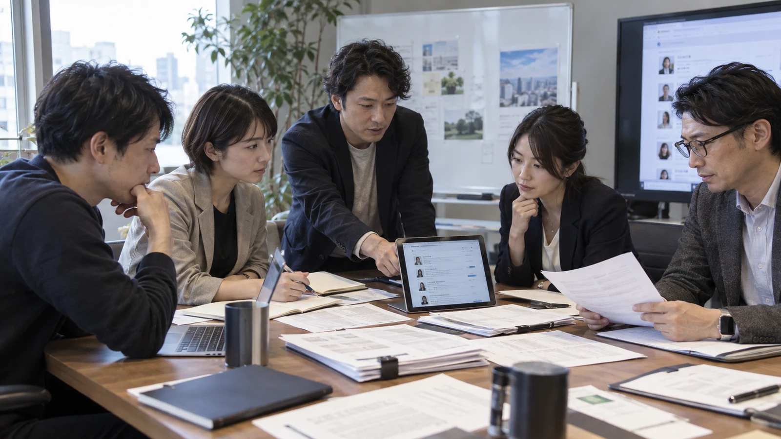 プロダクト、法務、営業担当が、AI求人推薦機能の画面、契約、営業台本、ログ、権限を公開前チェック表で照合している。