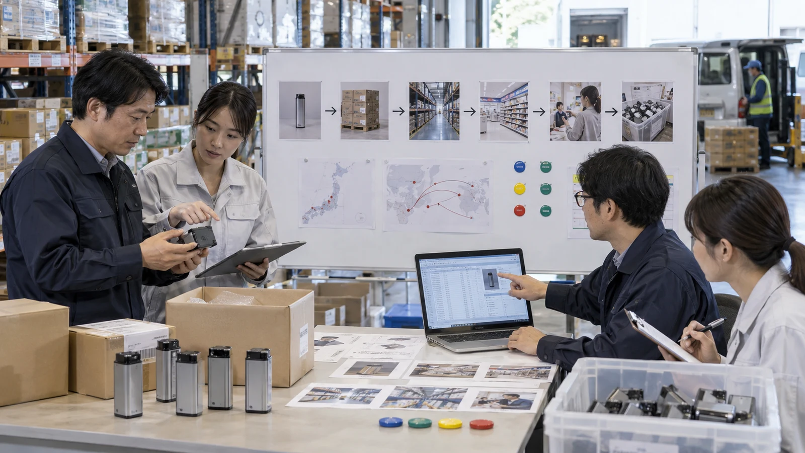 メーカーの品質保証と物流担当が、事故品の製造番号から共通部品ロット、販売店、購入者連絡、回収状況まで追跡している。