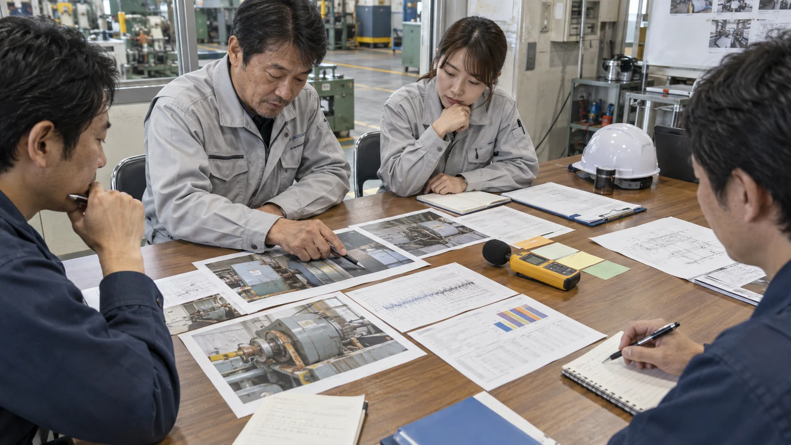 安全衛生委員会の委員が、巡視写真、測定値、労働時間、是正費用、担当、期限を並べた議案書へ意見を書き込んでいる。