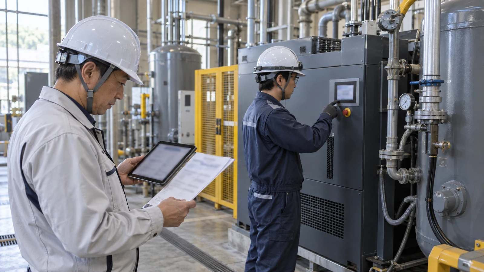 工場の設備責任者と経営担当者が、コンプレッサー更新前後の計器値、稼働時間、投資額、削減実績を現場で検証している。