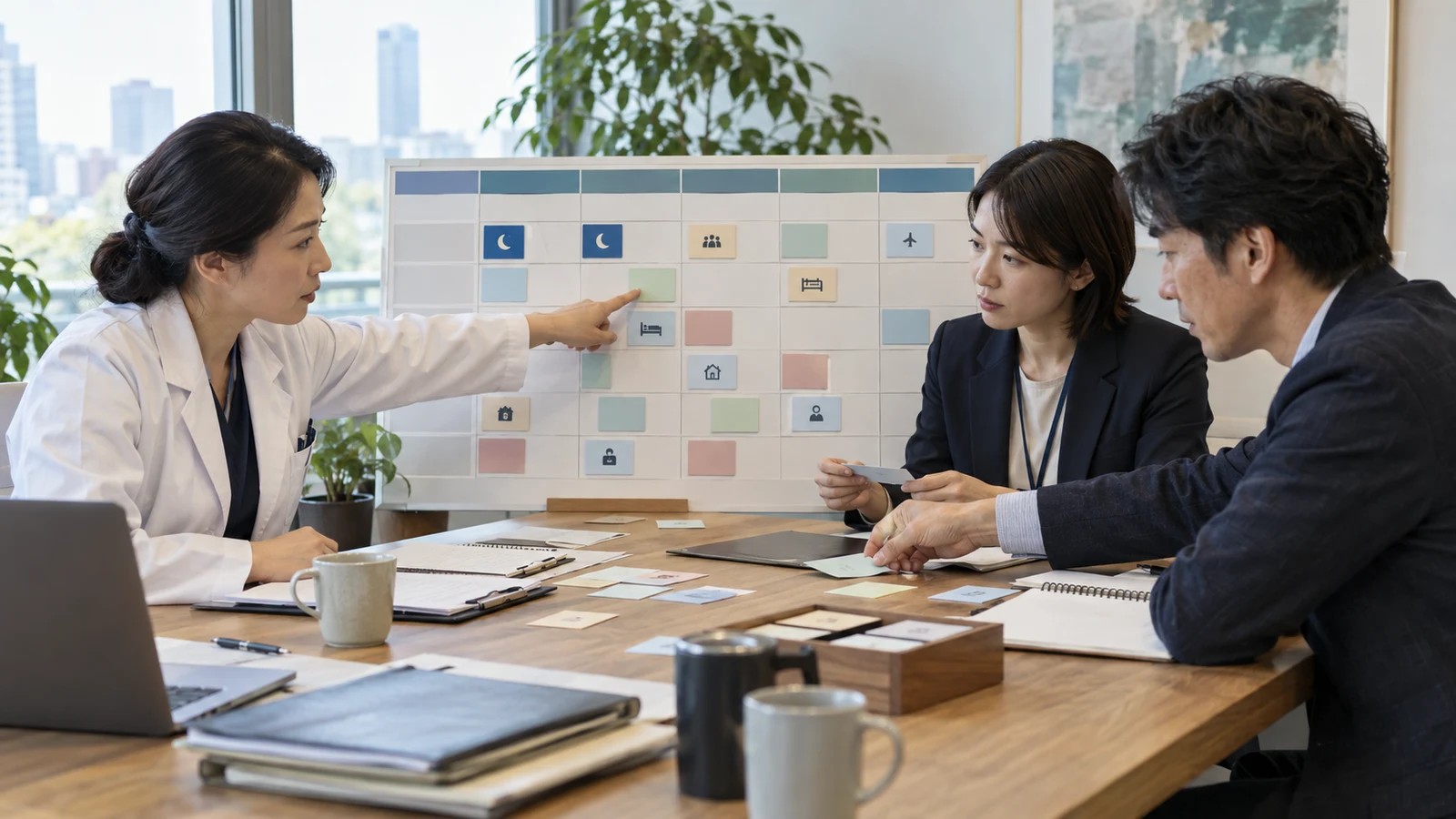産業医、人事、業務責任者が、医師意見をもとに夜間対応、会議、出張、納期、代替者を変更する就業措置を検討している。