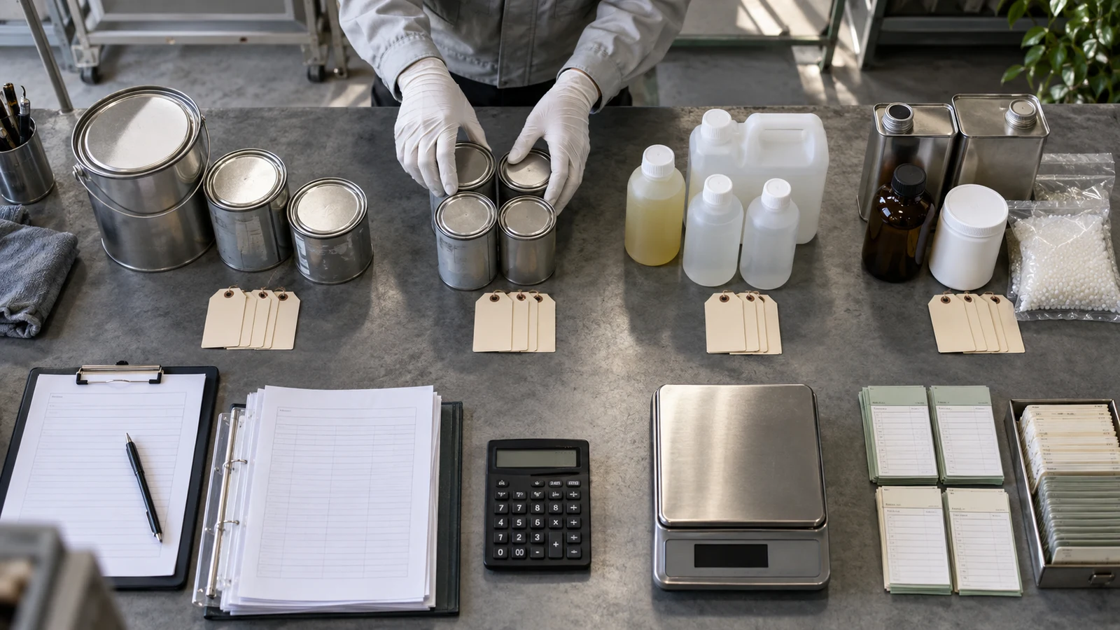 化学物質管理担当者が、複数の塗料と洗浄剤に含まれる同一指定化学物質の濃度、年間量、在庫を事業所単位で合算している。
