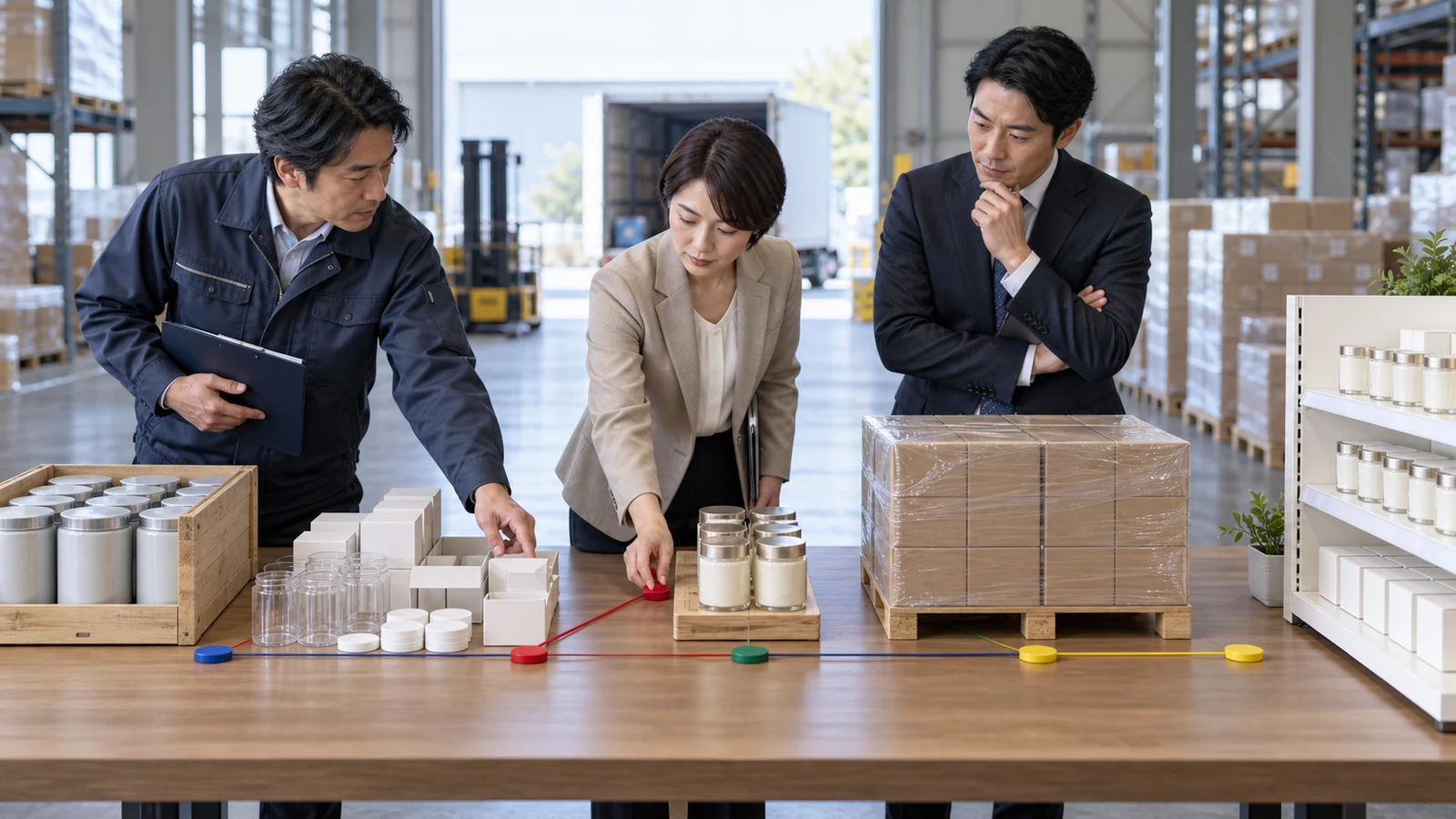 メーカー、輸入者、ブランド会社、卸売、小売、消費者の商流上に、容器利用、包装利用、容器製造の役割を商品単位で配置している。