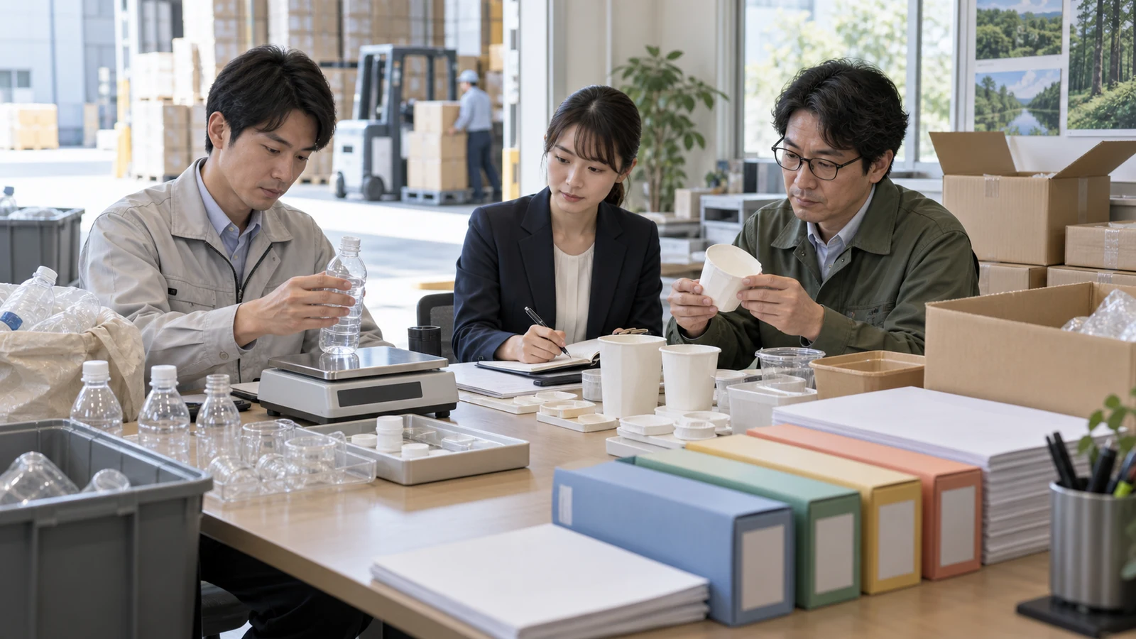 商品担当、経理、環境担当が、SKU別の包材重量、国内販売数、回収量、年度係数、再商品化委託量を一つの計算台帳で照合している。