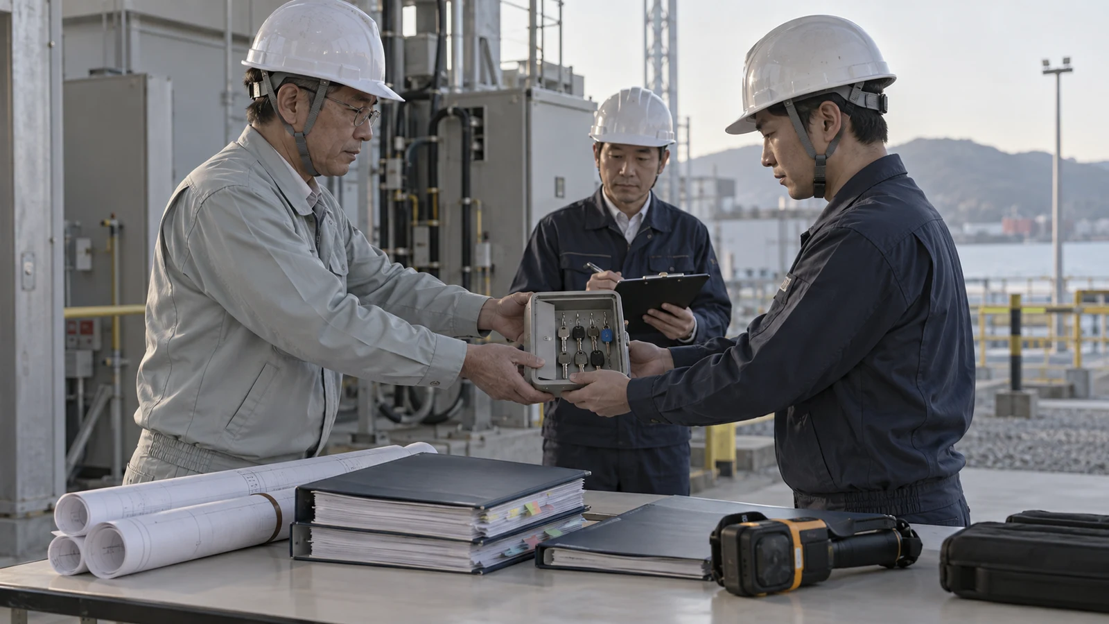 電気主任技術者の交代に際し、前任者、後任者、施設責任者が設備鍵、単線結線図、点検期限、工事予定、事故連絡網を現場で引き継いでいる。
