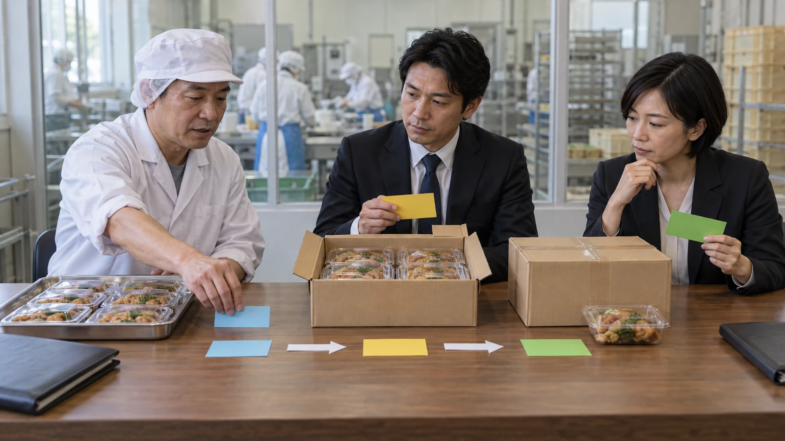 食品事業者が、自社直売、地域スーパー、ECモール、受託製造の販売経路を並べ、各経路の販売者と表示責任を確認している。