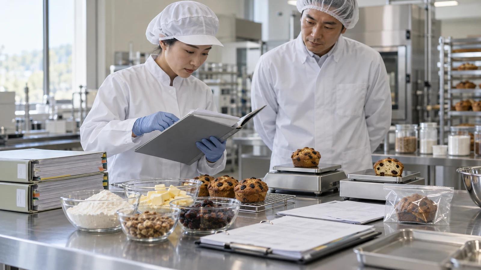 食品工房の品質担当者が、原料規格、配合表、焼成前後の重量、分析報告書、栄養表示の計算表をロット別に照合している。