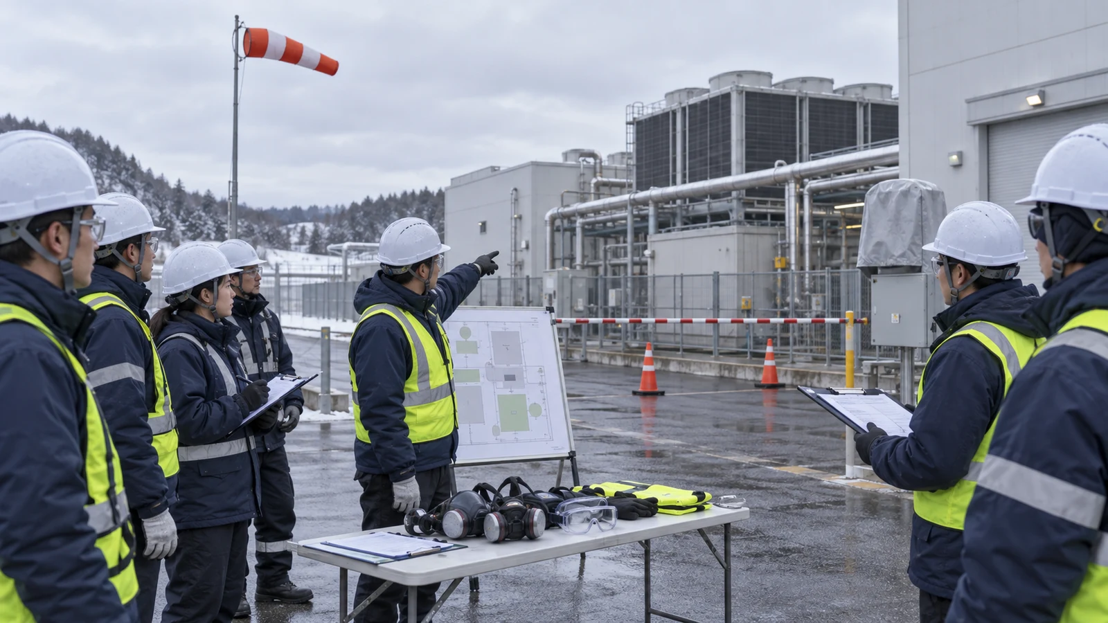 冷凍施設の運転員が、冷媒漏えい警報を想定し、遠隔停止、避難経路、風向、人数確認、消防連絡を屋外で訓練している。