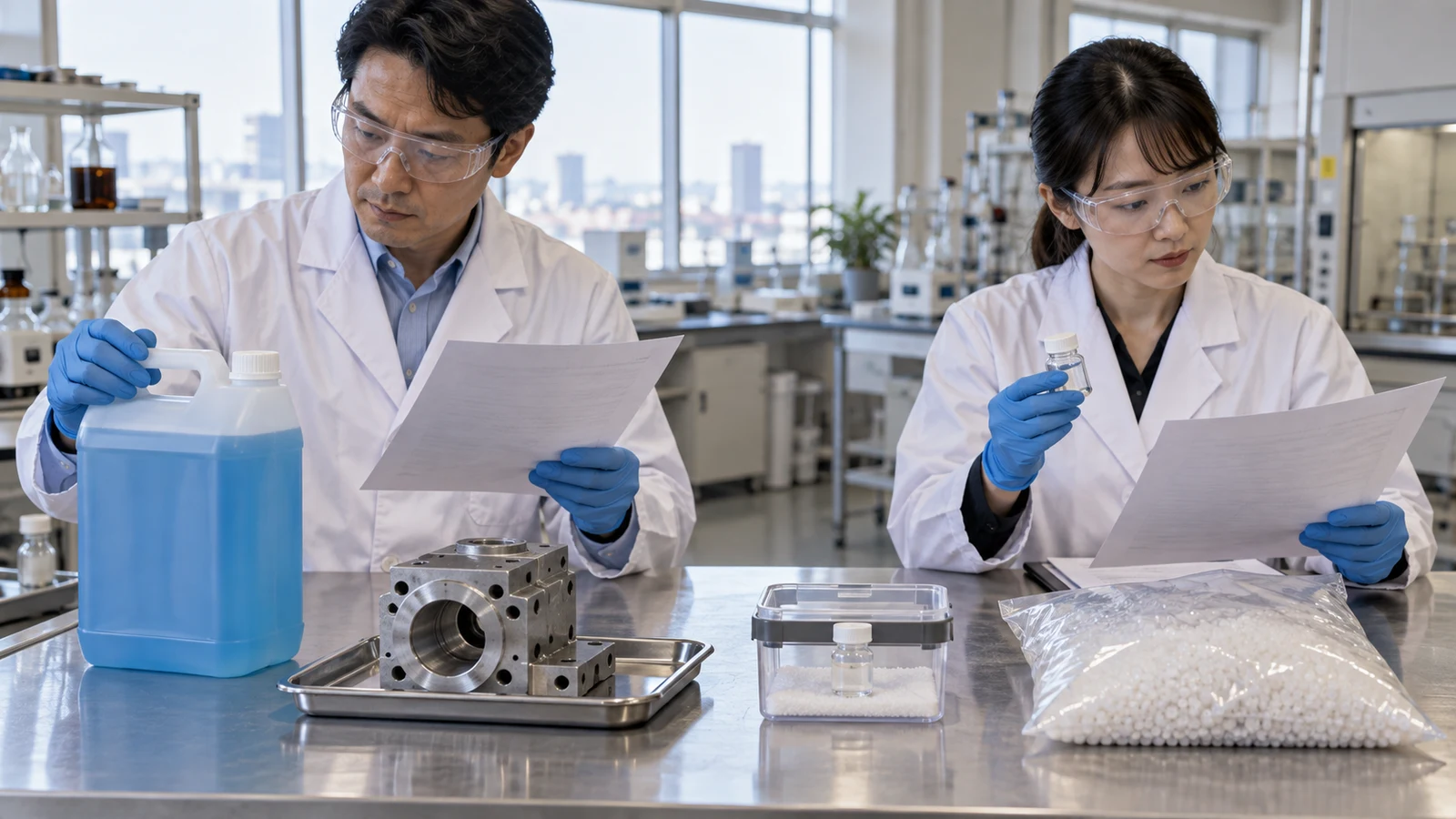 化学品担当者が、業務用洗剤、金属成形品、試験サンプル、輸入製品を並べ、物質濃度と使用方法からSDS対象を判定している。