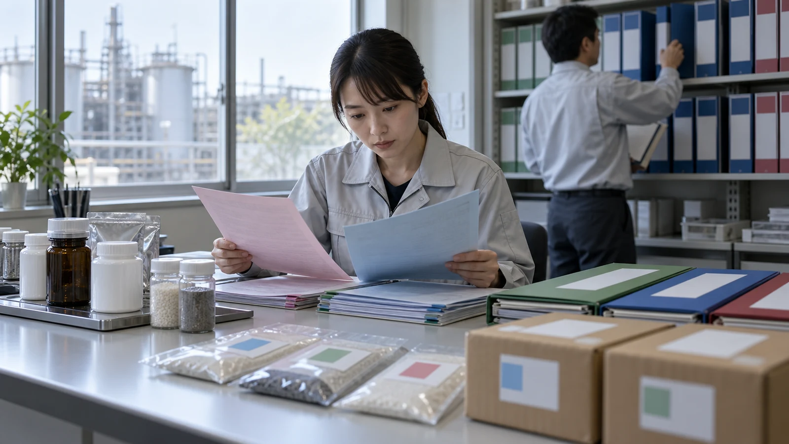 製品安全担当者が、原料SDSの改訂から影響製品、出荷先、旧版、新版、通知日、受領確認までを版管理表で追跡している。