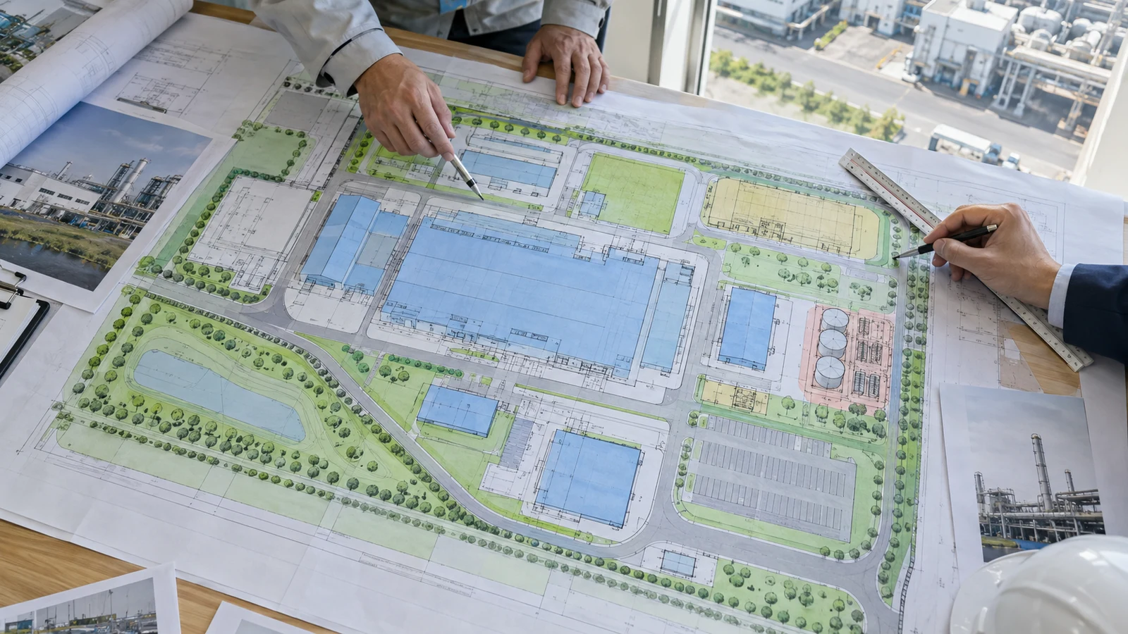 工場の航空配置図に、製造棟、屋外生産設備、倉庫、緑地、広場、駐車場の面積区分を半透明の色で重ねて確認している。