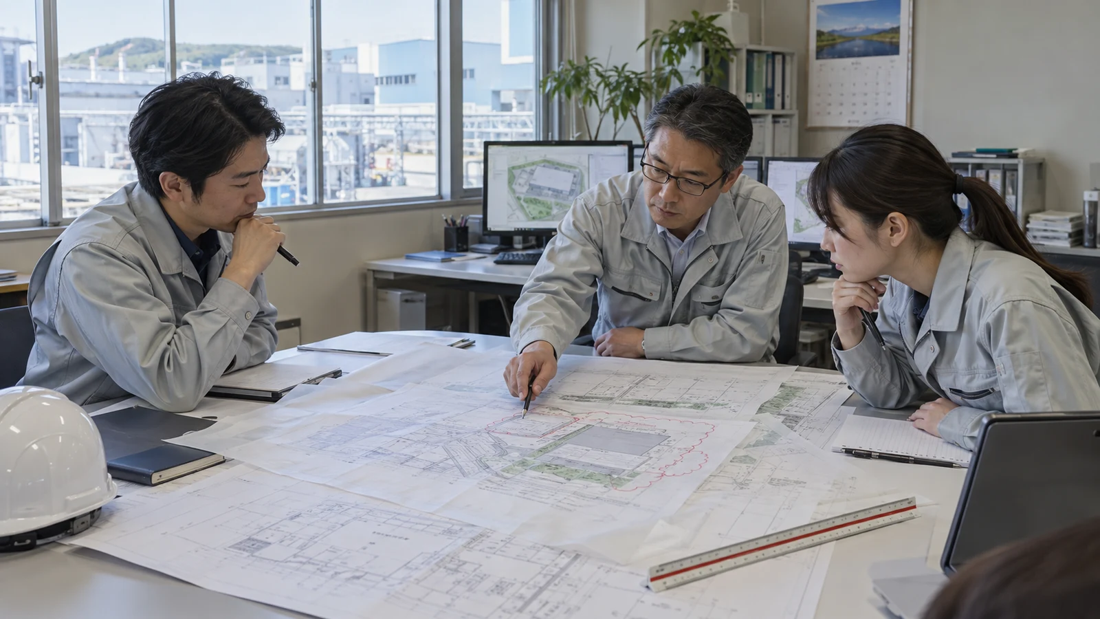 施設管理者が、工場配置図の届出版、施工版、完成版を大型画面で重ね、施設別の増減面積と着手可能日を変更台帳へ記録している。