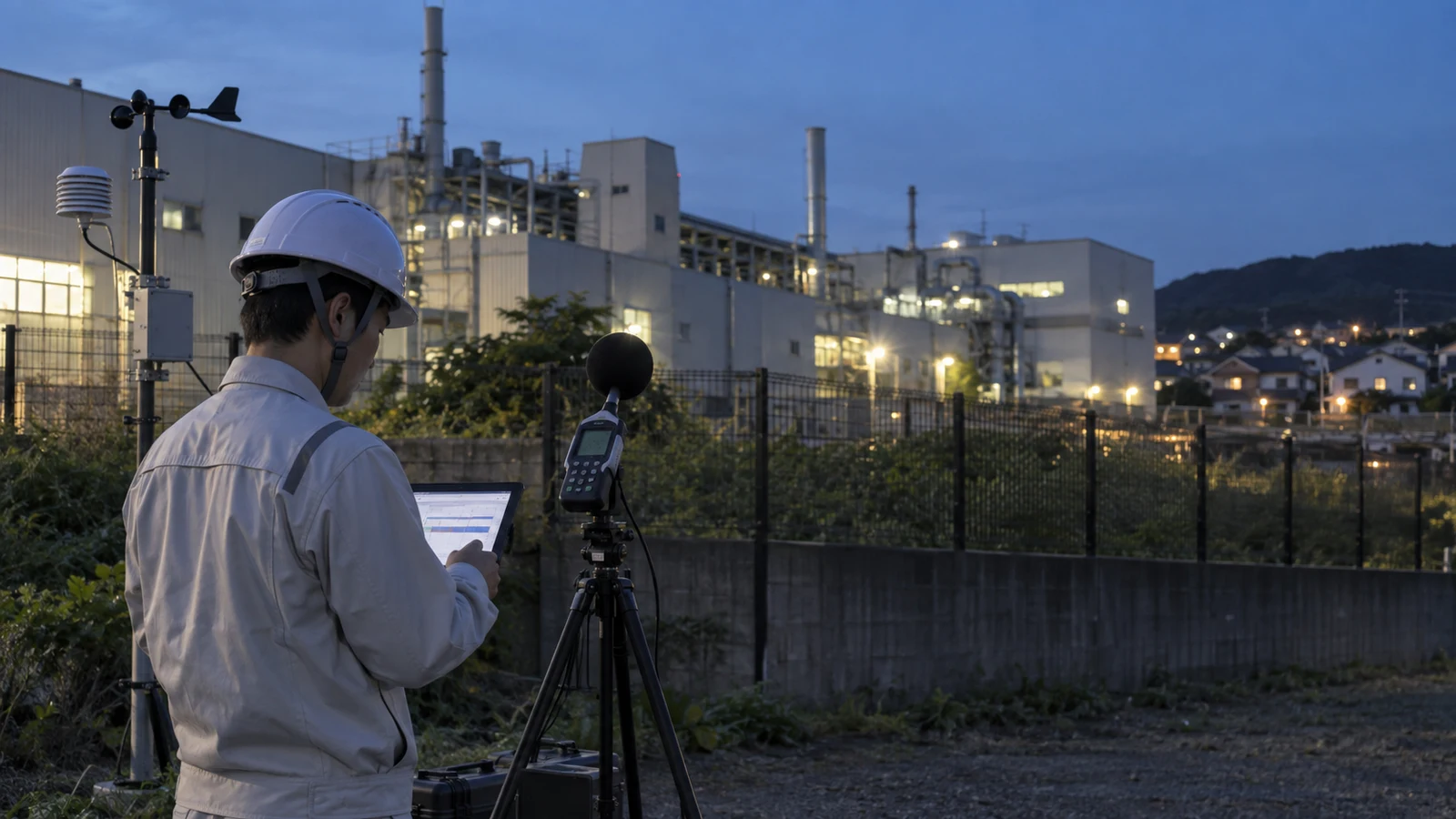 夜間の工場敷地境界で、環境担当者が校正済み騒音計を設置し、タブレット上の設備稼働ログと風向・時刻を同時に記録している。