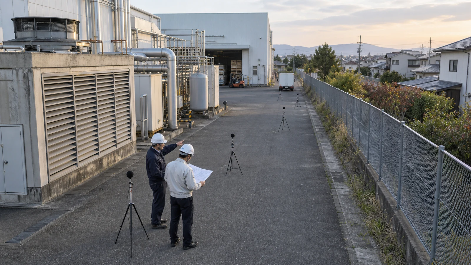 工場平面図上で、プレス機、コンプレッサー、送風機から住宅側の敷地境界までの音の経路と測定点を設備担当者が確認している。