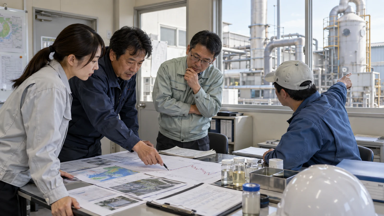 工場の対策会議で、現場、環境、設備担当が臭気苦情の時刻表、風向図、採取結果、脱臭設備の運転ログを並べ、暫定措置と恒久対策を決めている。