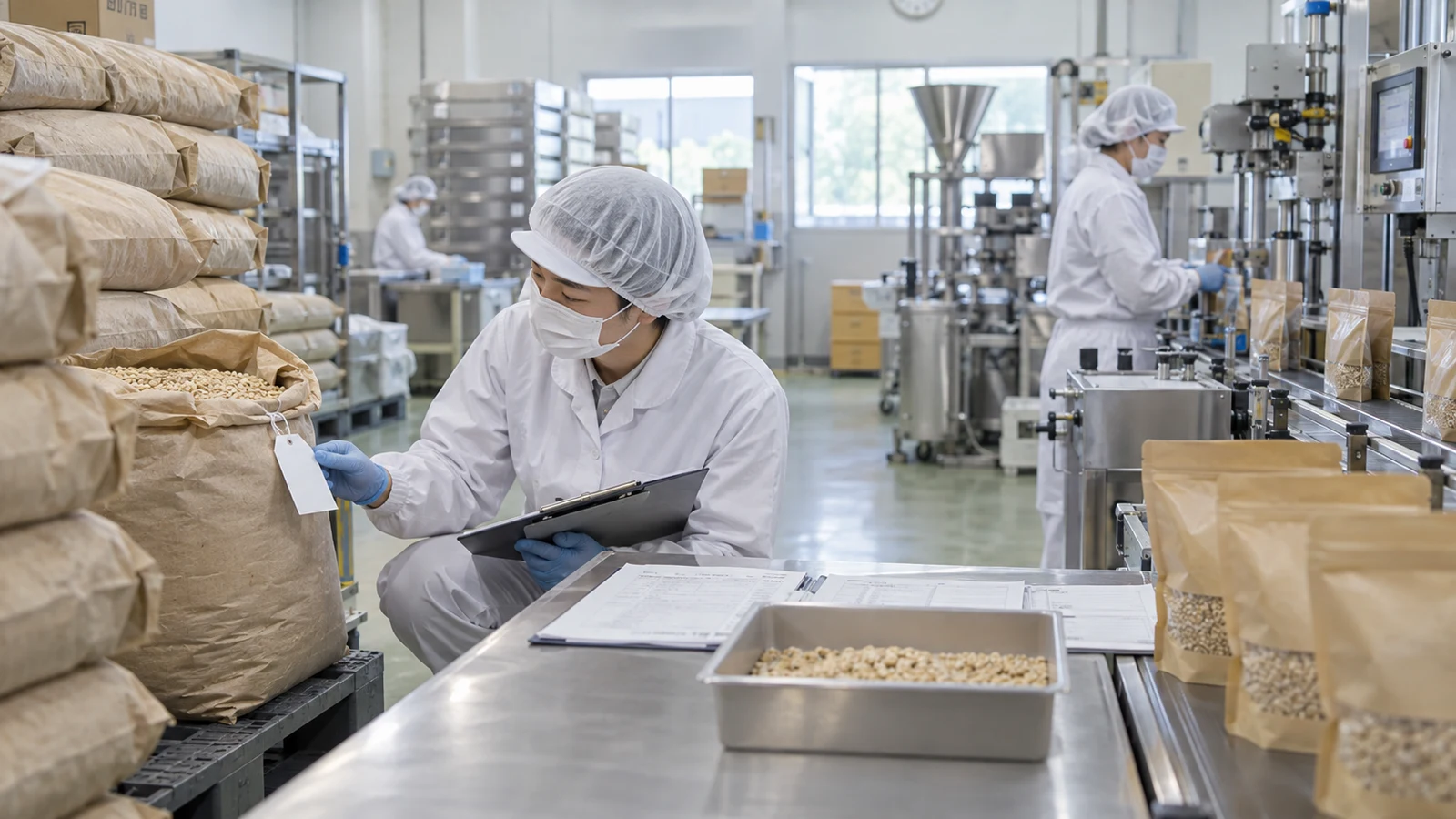 食品メーカーの品質担当者が、有機原料の袋、受入ロット、製造記録、商品ラベルの有機JASマークを現物と記録で照合している。