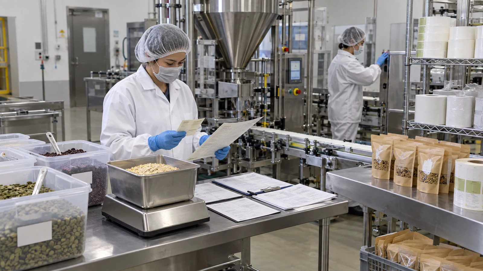 有機食品工場で、品質担当者が原料袋の認証番号、製造ロットの投入量、洗浄記録、出来高、有機JASラベル使用数を一つの追跡表で照合している。
