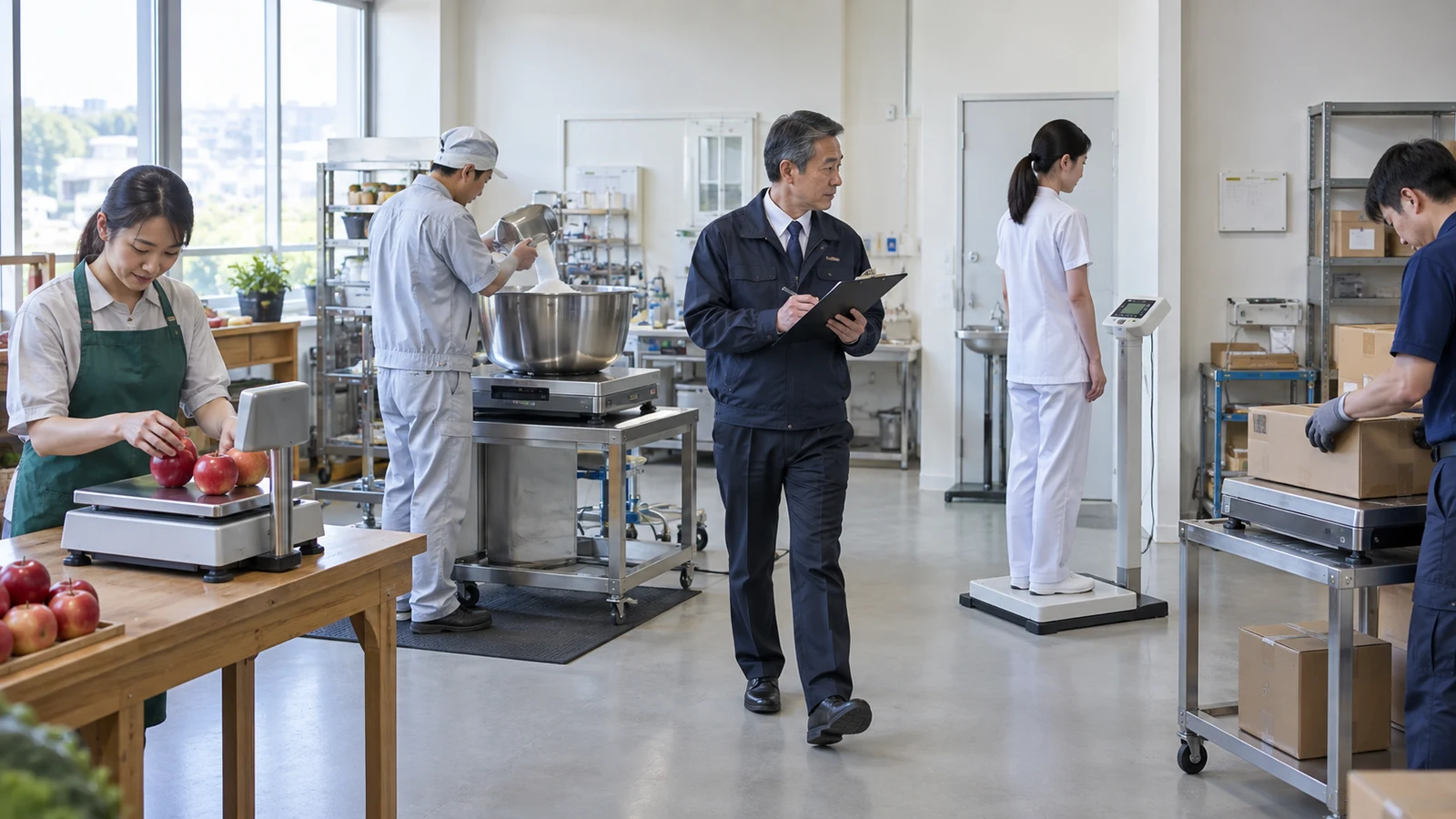 小売、工場、医療、物流で使う四種類のはかりについて、計量値が価格、工程管理、診療録、運賃へ流れる経路を担当者が用途別に分類している。