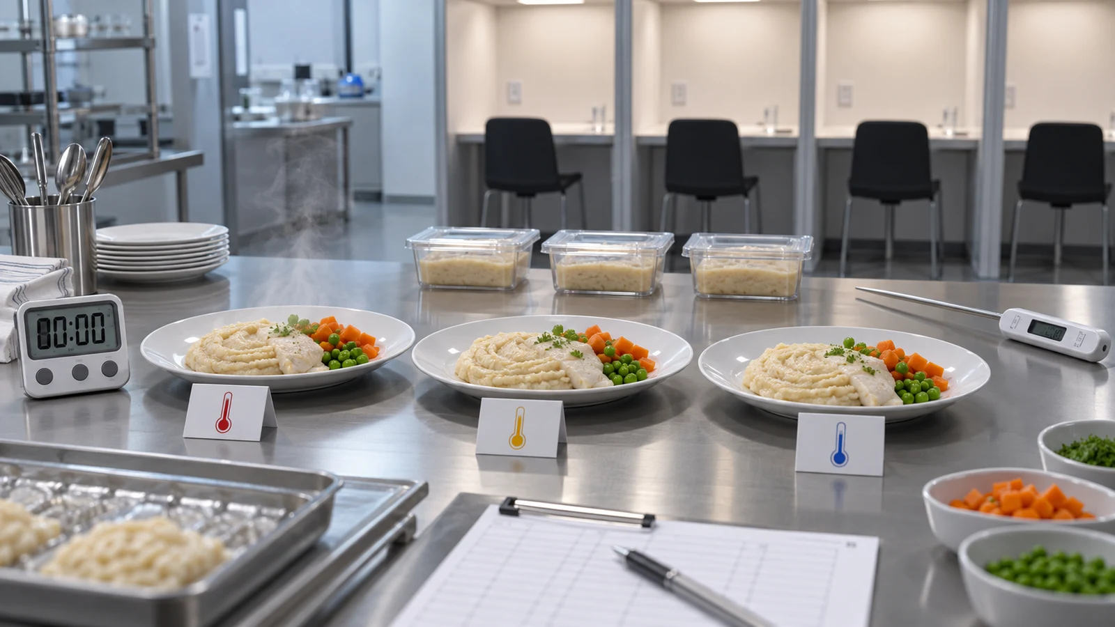 食品試験室で、品質担当者が異なる保存温度の病者用食品サンプルを並べ、栄養成分、粘度、外観、容器状態をロット別に確認している。