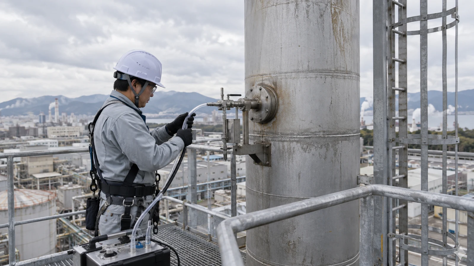 工場煙道の安全な作業床で、測定員が採取プローブを測定口へ挿入し、別の担当者が排ガス流量、酸素濃度、ボイラー負荷を記録している。