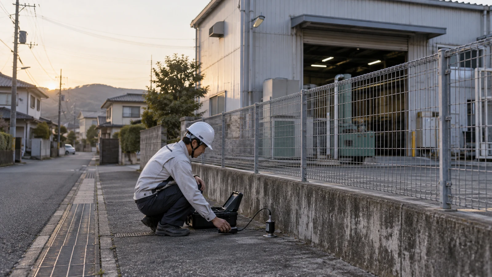 夕方の工場敷地境界で、環境担当者が地面へ振動ピックアップを設置し、設備稼働ログと大型車通過時刻をタブレットで同期している。