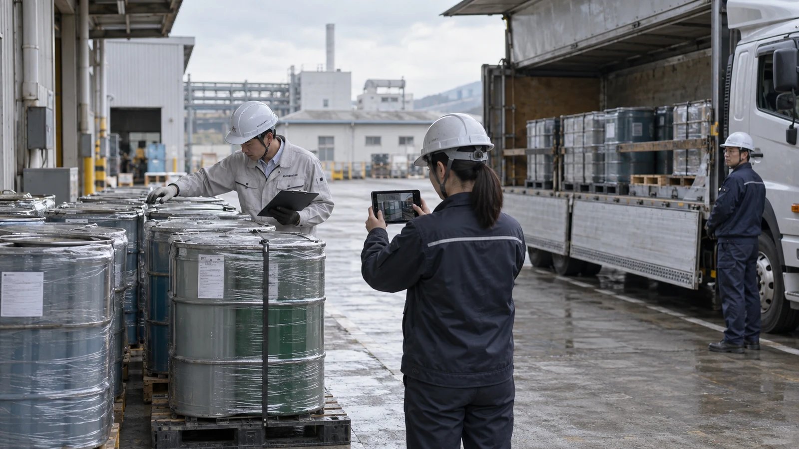 産業廃棄物の回収時に、工場担当者と運転者が区画ID、容器数、計量票、マニフェスト番号、車両積込を照合している。