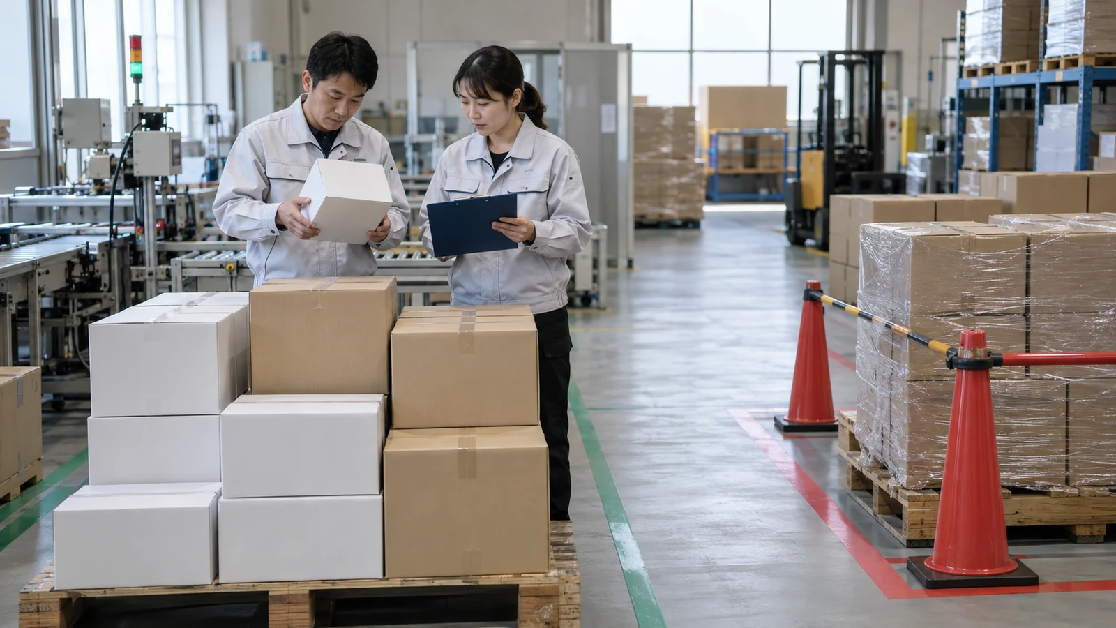 物流倉庫で、商品担当者が旧認定基準の包装在庫、新しい包装版、SKU別在庫数、最終出荷予定を照合している。